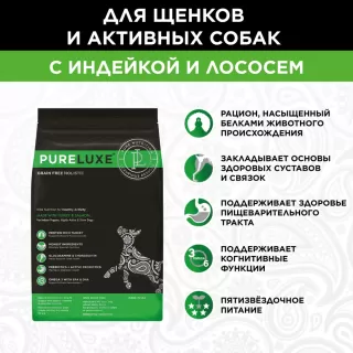 "Pureluxe Healthy Activity с индейкой и лососем" сухой корм для активных собак 1,81кг.